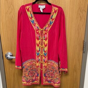 Diane Gilman Hot Pink Embroidered V-Neck Tunic with Multicolor Trim